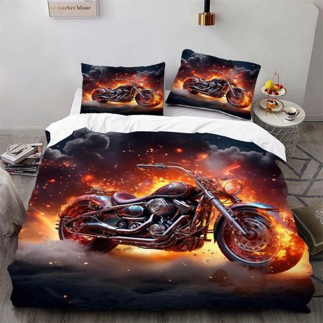 Bettwäsche 200x200cm 3D Flammen Motocross Motorrad Bettwäsche Set 3tlg