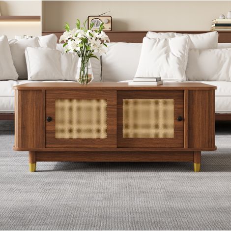 Mesa de centro de MDF con puertas correderas de ratán, bordes redondeados, 100x50x42 cm (1/5)