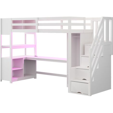 Cama alta 90 x 200 cm con escritorio, armario, almacenaje y LED, blanco - HOMVRA (1/5)
