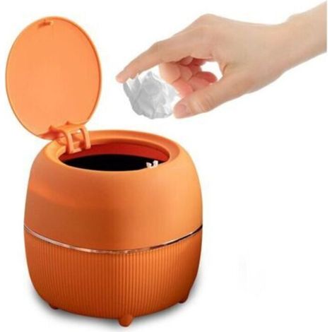 Poubelle ronde miniature avec couvercle en plastique pour bureau, cuisine, salle de bain et domicile – couleur orange (1/5)