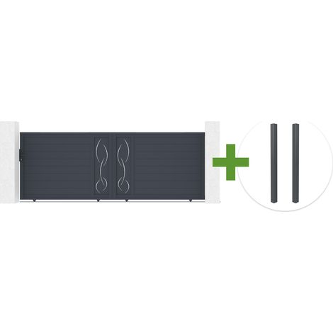 Portail coulissant 4m LIFE H.140cm aluminium gris + 2 poteaux ELDA aluminium gris 15x15cm (1/5)