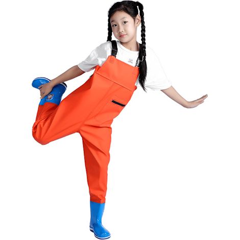 Enfant combinaison de pêche étanche PVC cuir, salopette intégrale imperméable, vêtement de pêche en mer, pantalon wading taille 32/33 orange (1/2)