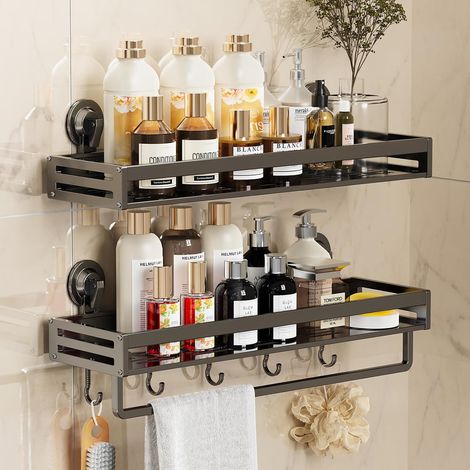Support de douche à ventouse en deux parties, avec crochets, support de salle de bain sans perçage, résistant à la rouille, gris foncé(30cm) (1/4)