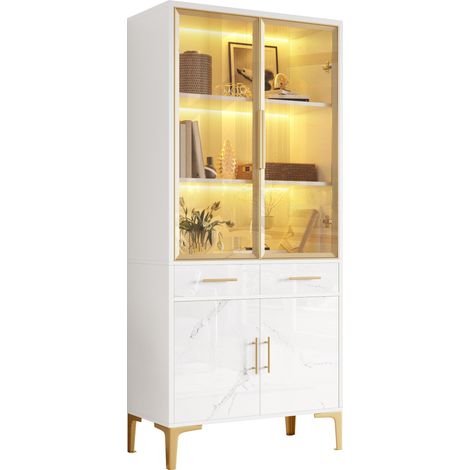 Vitrina alta, aparador, mueble de comedor, mueble de salón, vitrina alta con puertas de cristal, iluminación LED controlada por app, efecto mármol brillante, 2 cajones (1/5)