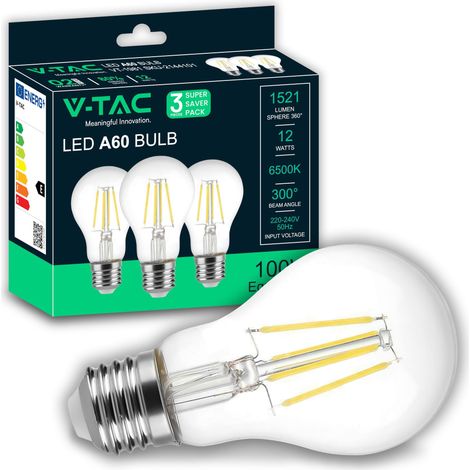 3x Ampoules LED Filament E27-12W (équivalent 100W) A60-1521 Lumen - Ampoule LED Vintage Verre - Blanc Froid 6500K (1/5)