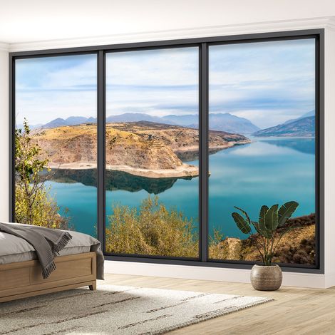 Papier peint panoramique Trompe l'oeil baie vitrée - Vue lac - 195 cm x 117 cm (1/5)