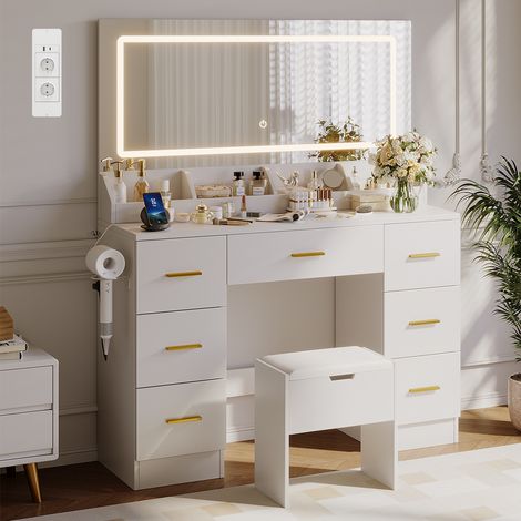 Coiffeuse avec miroir LED et tabouret, luminosité réglable, 3 couleurs, coiffeuse avec prise et grand miroir, 7 tiroirs et 4 plateaux de rangement, 38p x 116l x 138h cm, blanc (1/5)