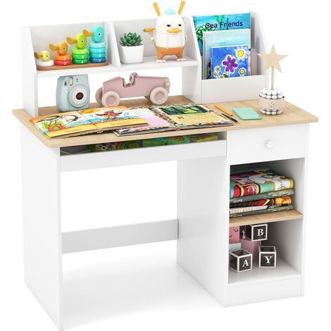 COSTWAY Scrivania da Studio in Legno per Bambini, Scrivania del Computer con Libreria, Cassetto e Mensole, Dispositivo Anti-Ribaltamento, Tavolo per Bambini da Cameretta e Studio (Legno)