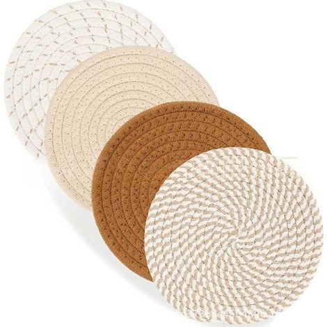 4 Pièces Dessous de Plat en Fil de Coton,Dessous De Plat Ronds Tressés Tapis Porte Casseroles,11cm Ronds Tressés Tapis Porte Casseroles pour Boissons Restaurant Bar Cadeau Décoration (1/5)