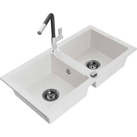 Mexen Mario lavello in granito a 2 vasche con miscelatore cucina Flora, bianco - 6504-20-670401-07-B (1/5)