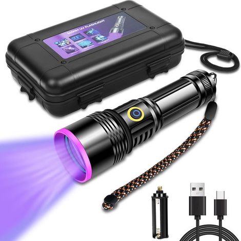 Torcia UV professionale da 30 W a 365 nm con luce nera, porta di ricarica USB-C, batteria da 3000 mAh e funzione power bank, corpo in alluminio. (1/5)
