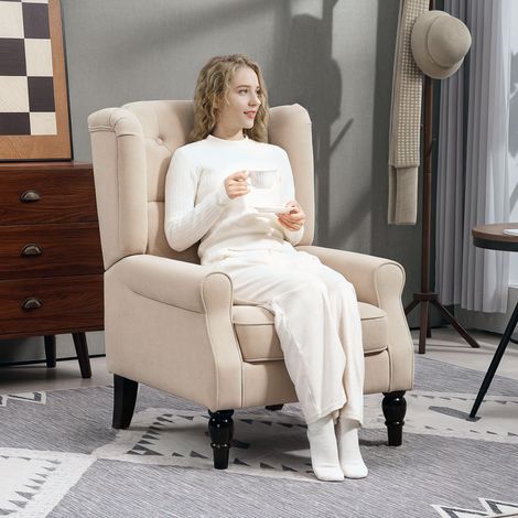 Homcom – Fauteuil club capitonné large – Dossier à boutons – Pieds en bois laqués – Confort supérieur – 74 x 86 x 102 cm – Beige