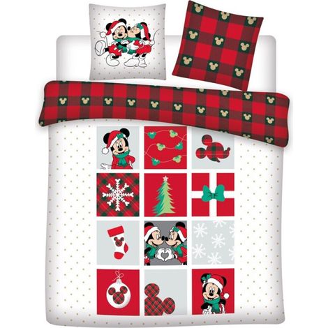 Parure de lit double réversible Disney Mickey et Minnie - Noël - Blanc et Rouge - 220 cm x 240 cm