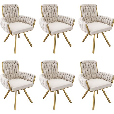 Silla de comedor giratoria de terciopelo beige, set de 6, con reposabrazos y patas metálicas, HOMVRA (1/5)