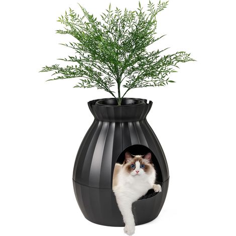 COSTWAY Lettiera per Gatti Smart con Rimozione Elettronica degli Odori e Sterilizzazione, Pianta Finta, Ciottoli, Tenda per la Porta, Paletta, Adatta per Gatti Grandi e Cuccioli (Nero)