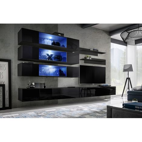 Ensemble mural - FLY J - 3 rangements LED - 2 meubles TV - 2 étagères - Noir - Modèle 2 - Livraison gratuite