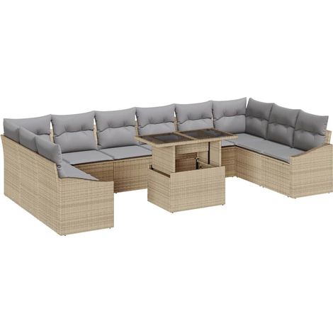 Sofa Set with Cushion 11 pcs Beige and Light Grey Poly Rattan vidaXL