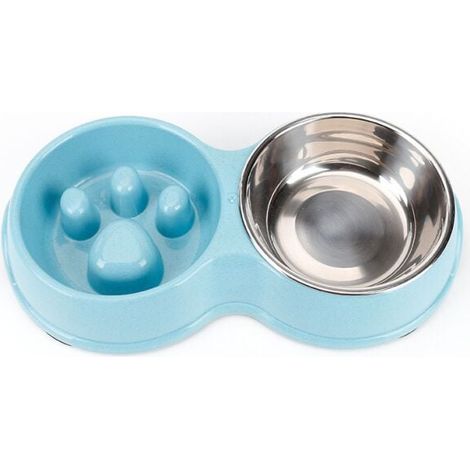 Blue Double Pet Feeder, Slow Feeder, Interactive Pet Feeder, Stainless Steel, Non-Slip, YMYNY (1/4)