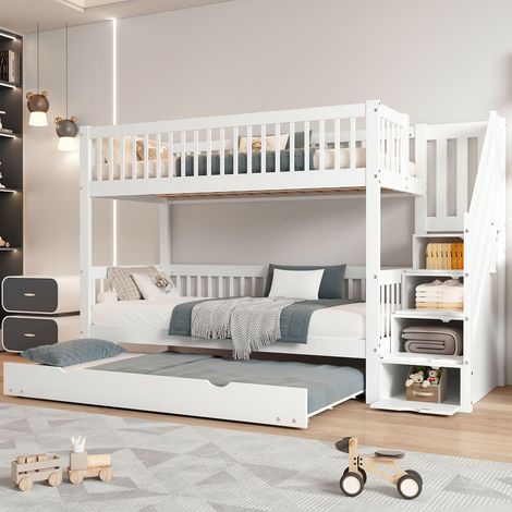 Lit superposé avec lit roulant 90x200 + 190 cm pin + mdf blanc, rangement, échelle et barrière sécurité (1/5)