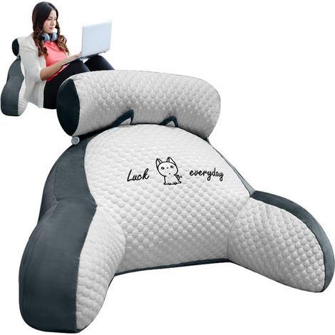 Reading pillow, 70 x 50 cm Backrest cushion for sofa, adult bed reading pillow with neck/arm support, Grey and white (1/5)