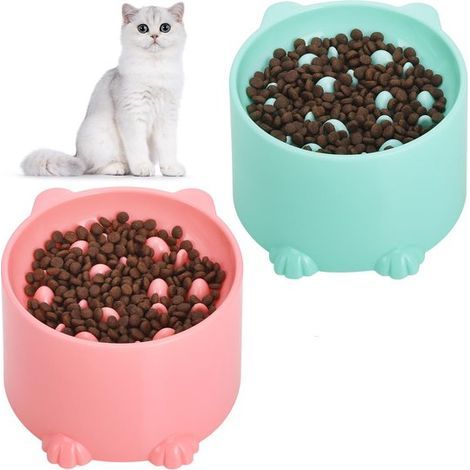 Bac à litière surélevé 2 pièces pour chat - Gamelle anti-glouton - Conception ergonomique pour le cou - Ralentit la prise alimentaire et favorise une bonne digestion - Rose et vert - Taille unique (1/5)