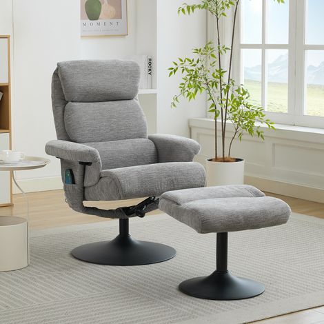 Fauteuil inclinable 023 avec fonction d'inclinaison, massage 5 points, chauffage électrique, repose-pieds intégré, rotation à 360° et revêtement en tissu chenille grise – fauteuil relax idéal pour le