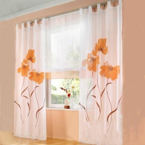 Voile de fenêtre 2 pièces à motif floral pour salon, embrasses incluses, largeur 150cm hauteur 175cm, tissu léger pour décoration intérieure, rideau décoratif avec attaches. (1/3)