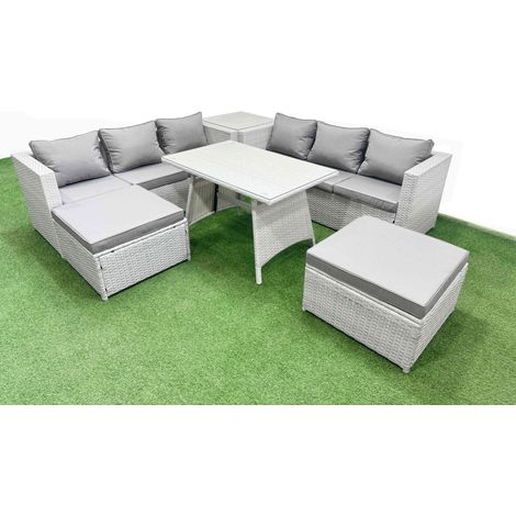 Fimous Rattan Garden Furniture Dining Set 8-seater Patio Rectangular Table 3 Seater Sofa Set with Side Table 2 Big Stools Light Grey (1/4)