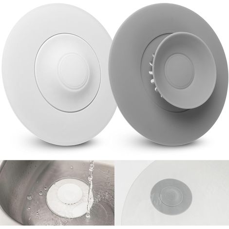 Tapón Desagüe Universal, 4 Unidades, Ø 10 cm, Blanco + Gris, Silicona, Filtro Integrado para Restos de Comida y Cabellos, Desagües hasta Ø 80 mm para Fregadero, Lavabo, Bañera, Filtros Desagüe (1/5)