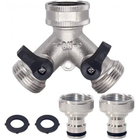 Répartiteur de tuyau d'arrosage 2 voies en laiton et raccord rapide pour tuyau d'arrosage de 19 mm (3/4 po), adaptateur de robinet en Y - 2 vannes avec 2 joints en caoutchouc supplémentaires (argent) (1/4)