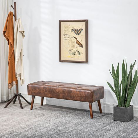 Gepolsterte Bank im Vintage-Stil am Fußende des Bettes, 114 x 38 x 42 cm, Holzbeine, braune, antikisierte Oberfläche