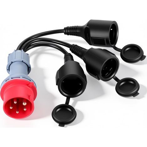 Adaptateur CEE, 400 V 16A vers 3 x 230 V Prises Schuko, Répartiteur de Courant IP44 avec Couvercle Rabattable, Câble Adaptateur CEE pour Caravane, Industrie et Extérieur (1/5)