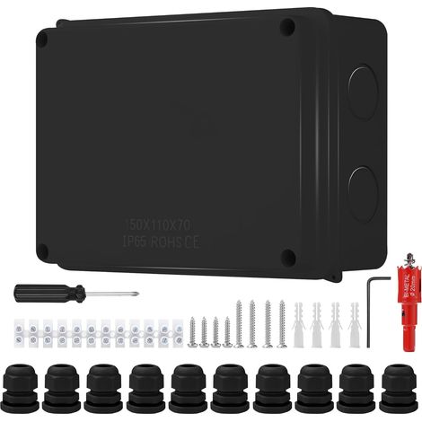IP65 Waterproof Outdoor Surface-Mounted Junction Box, Outdoor Electric Waterproof Box 50 x 110 x 70 mm for Installation of Cables Indoor and Outdoor Black