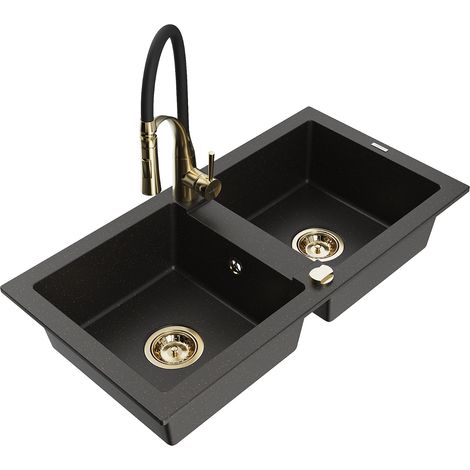 Mexen Mario lavello da cucina in granito a 2 vasche con rubinetto da cucina Aster, nero/oro metallico - 6504-75-73450-57-G (1/5)