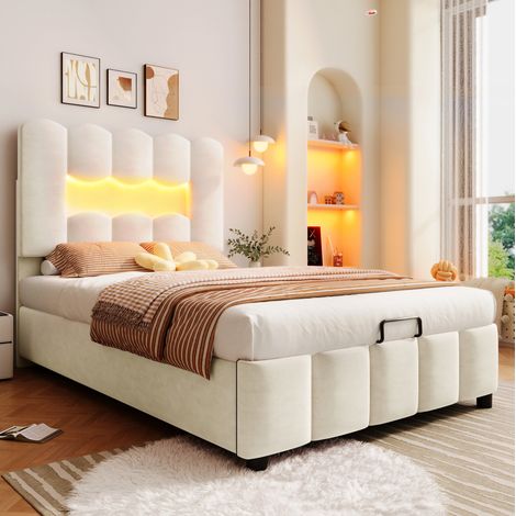 Bett modern 90x200 cm aus Samt beige mit verstellbarem Kopfteil, LED-Beleuchtung und Stauraum (1/5)