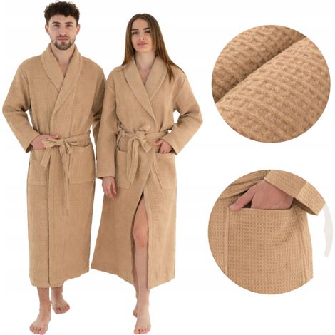 Langer, beiger Bademantel, dünn, Unisex, mit Taschen, 100 % Baumwolle, schnelltrocknend, Größe 2XL (1/5)