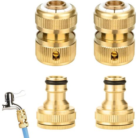Conectores rápidos de latón de 4 piezas, conector para manguera de jardín – Kit de conexión de latón 2 en 1 Adaptadores para grifos de 1/2" y 3/4" con 2 conectores rápidos, lavado e irrigación - (1/5)