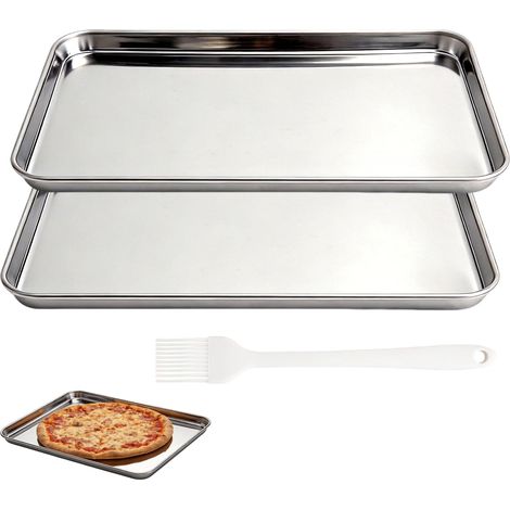 2PCS Plateau Inox Rectangulaire avec Pinceau Huile – Plaque Patisserie, Plaque Cuisson Four 26,4×15,3cm, Plat Four Inox pour Four Cuisine, Facile À Nettoyer (1/5)