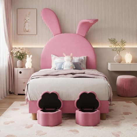 Lit 90x200 en velours rose avec rangements, LED et oreilles de lapin, DESVIAE (1/5)