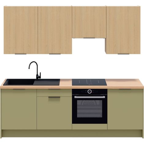 Ensemble de 8 meubles de cuisine - L. 245 cm - vert olive et chêne clair cannelé - Luzia Mix (1/5)