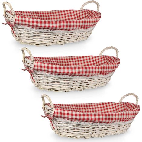 Ceste Ovali x3 Vimini Bianco Shabby con Manici e Stoffa a Quadretti 46x22x h15 (1/5)