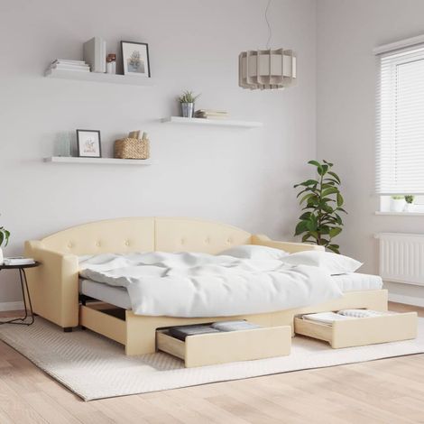 Tagesbett Ausziehbar mit Schubladen Creme 90x200 cm Stoff (1/5)