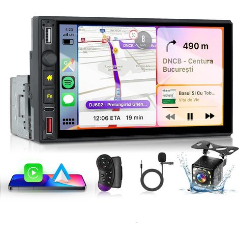 Autoradio 1 Din avec CarPlay Android Auto sans Fil, 7'' IPS Écran Tactile Poste Radio avec Bluetooth 5.0/USB/USB C/Lien Miroir/FM/EQ/SWC+Caméra de recul (1/5)