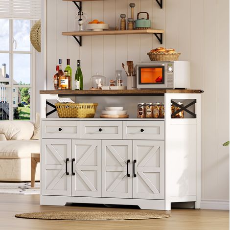 MEUBLIV Buffet 140 cm blanc et marron – 3 tiroirs, rangement, style rustique (1/5)