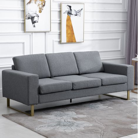 Divano 3 posti 200x82x78 cm grigio scuro in legno e lino con cuscini imbottiti (1/5)