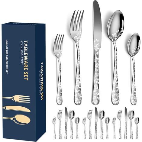 Service de Couverts en Acier Inoxydable 20 Pièces Motif Poli Miroir de Fleurs Comprend Couteau Fourchette Cuillère de Cuisine pour Restaurant et Fête (Argent) (1/5)