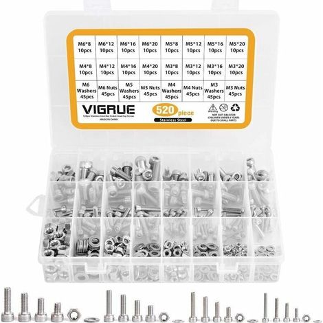 Kit 520PCS M3 M4 M5 M6 en Acier inoxydable Bouton à tête hexagonale Socket Tête Câble Boulons Vis avec écrous Assortiment (1/4)