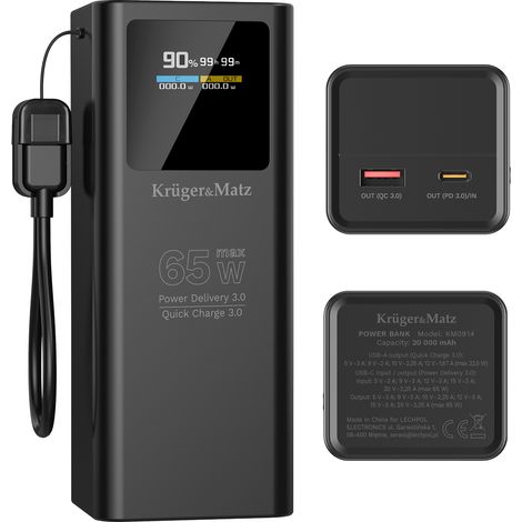 Batterie externe Kruger&Matz 20 000 mAh Li-pol 65 W avec fonctions QC et PD