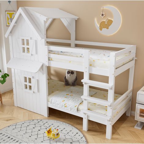 Etagenbett Kinderbett mit Dach 90x200 Weiß Holz OKMYHOME (1/5)