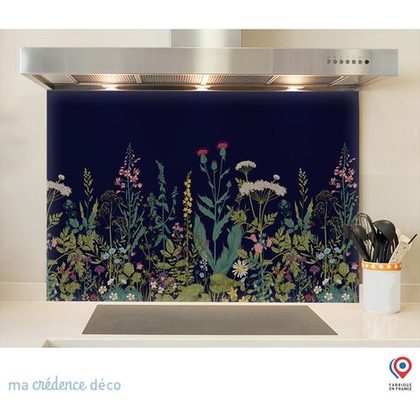 Fond de hotte : Fleurs sauvages et colorées noir - Verre trempé - 90 cm - 60 cm (1/5)